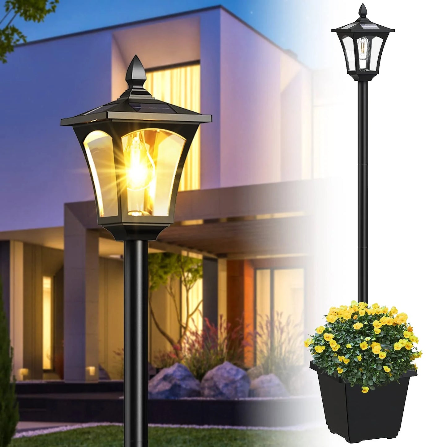 Solar-Powered Flowerpot Lamp Post Glass Solar Garden Light, 60 Lumens Outdoor Waterproof Solar Standing Lamp
