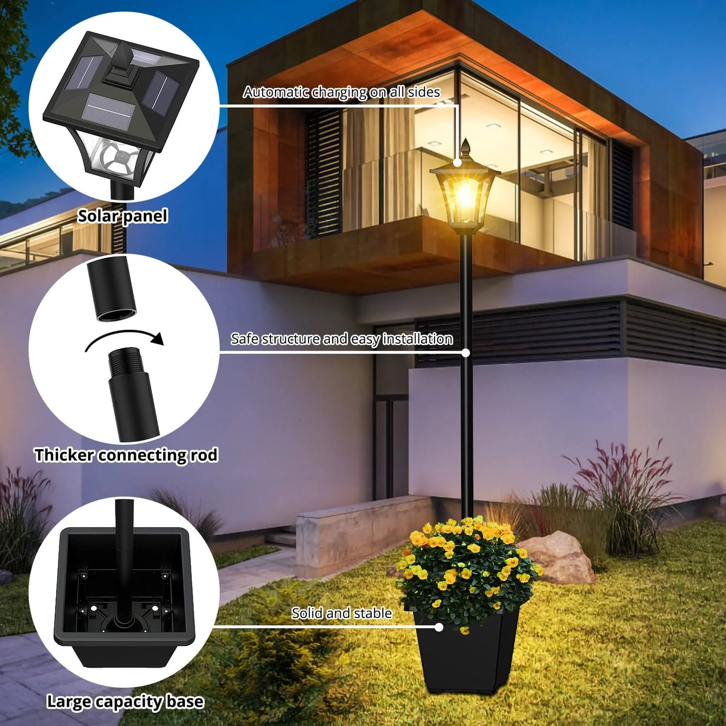 Solar-Powered Flowerpot Lamp Post Glass Solar Garden Light, 60 Lumens Outdoor Waterproof Solar Standing Lamp