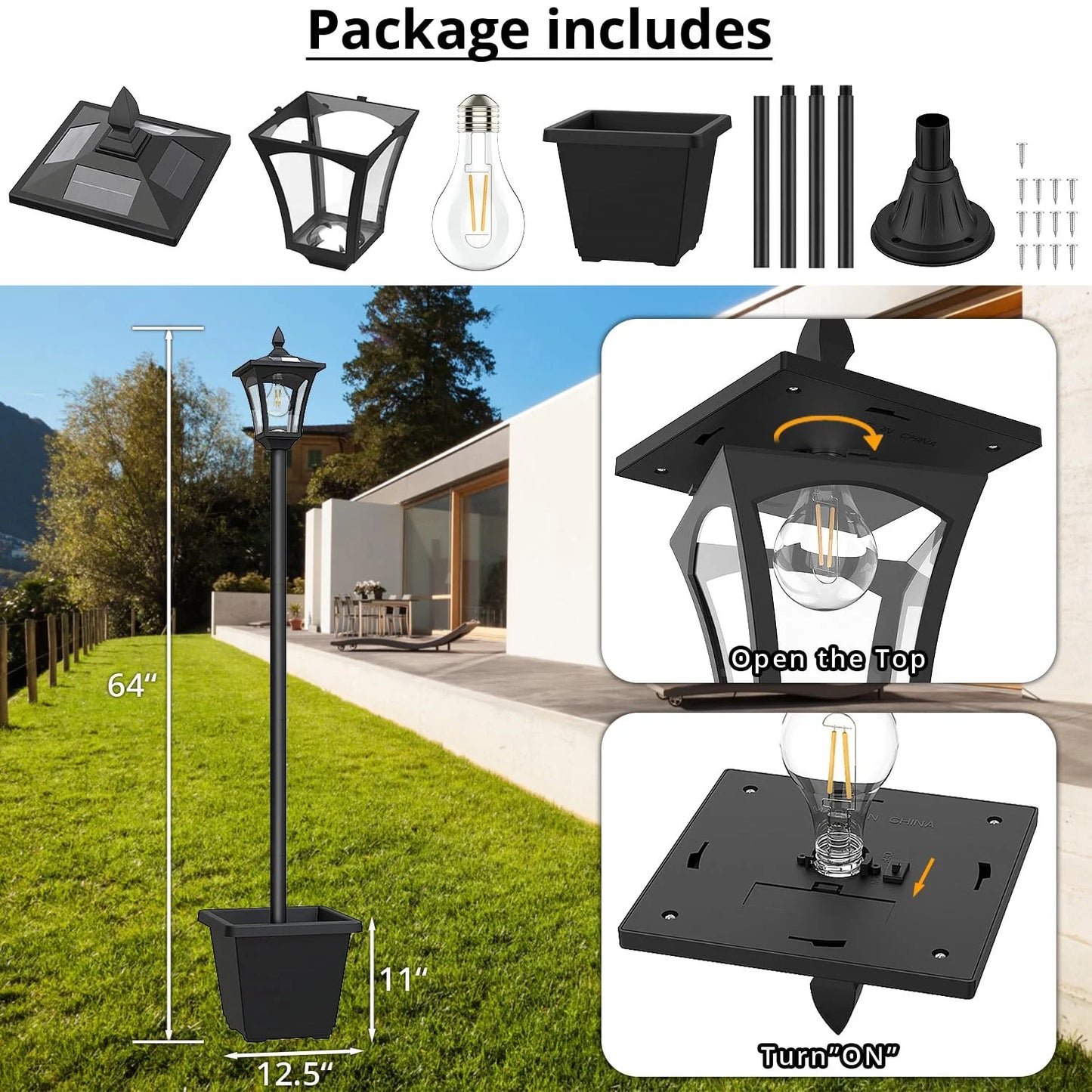 Solar-Powered Flowerpot Lamp Post Glass Solar Garden Light, 60 Lumens Outdoor Waterproof Solar Standing Lamp